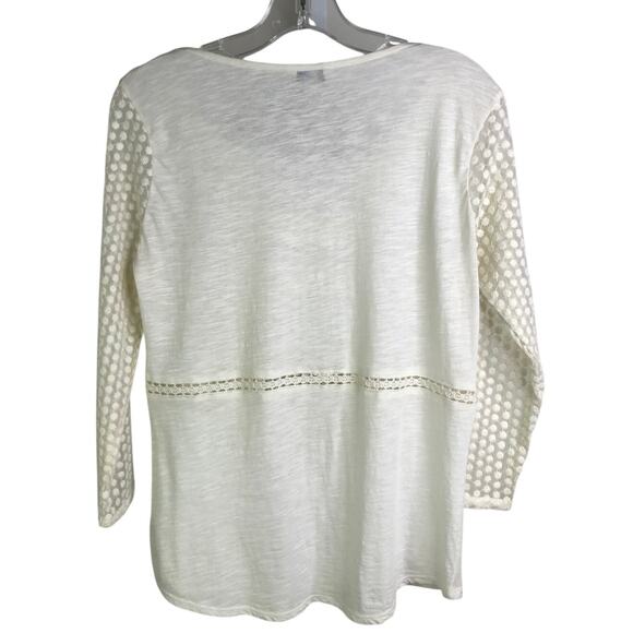 Lucky Brand Top Womens Size Small White Boat Neck Elbow Length Sleeve Lace Front - Picture 3 of 6